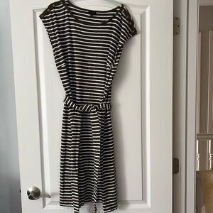 Talbots Olive and White Striped Midi Dress with Belt